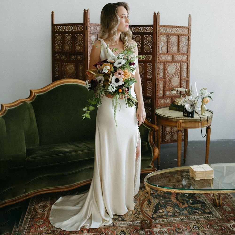 Cowl Neck Ivory Sheath Satin Wedding Dresses with Button Slit - Curvevia