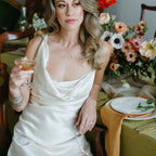 Cowl Neck Ivory Sheath Satin Wedding Dresses with Button Slit - Curvevia