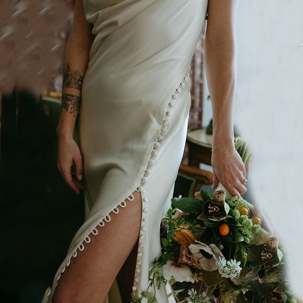 Cowl Neck Ivory Sheath Satin Wedding Dresses with Button Slit - Curvevia
