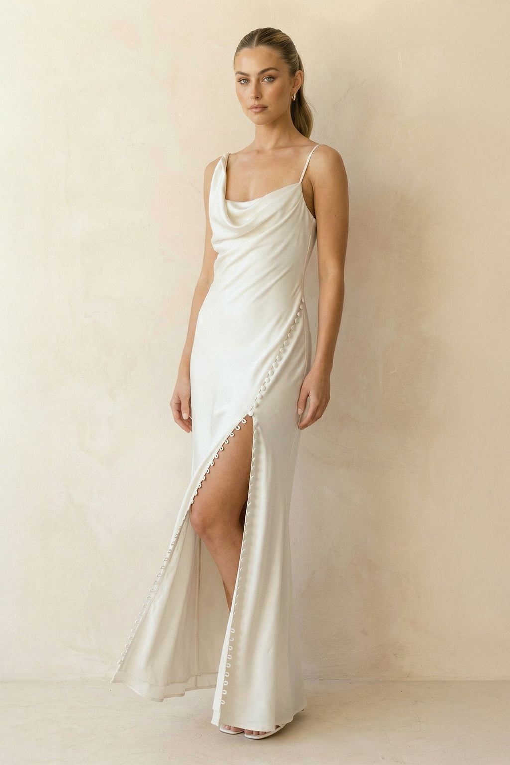 Cowl Neck Ivory Sheath Satin Wedding Dresses with Button Slit - Curvevia