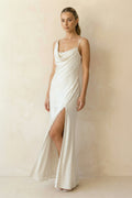 Cowl Neck Ivory Sheath Satin Wedding Dresses with Button Slit - Curvevia