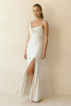 Cowl Neck Ivory Sheath Satin Wedding Dresses with Button Slit - Curvevia