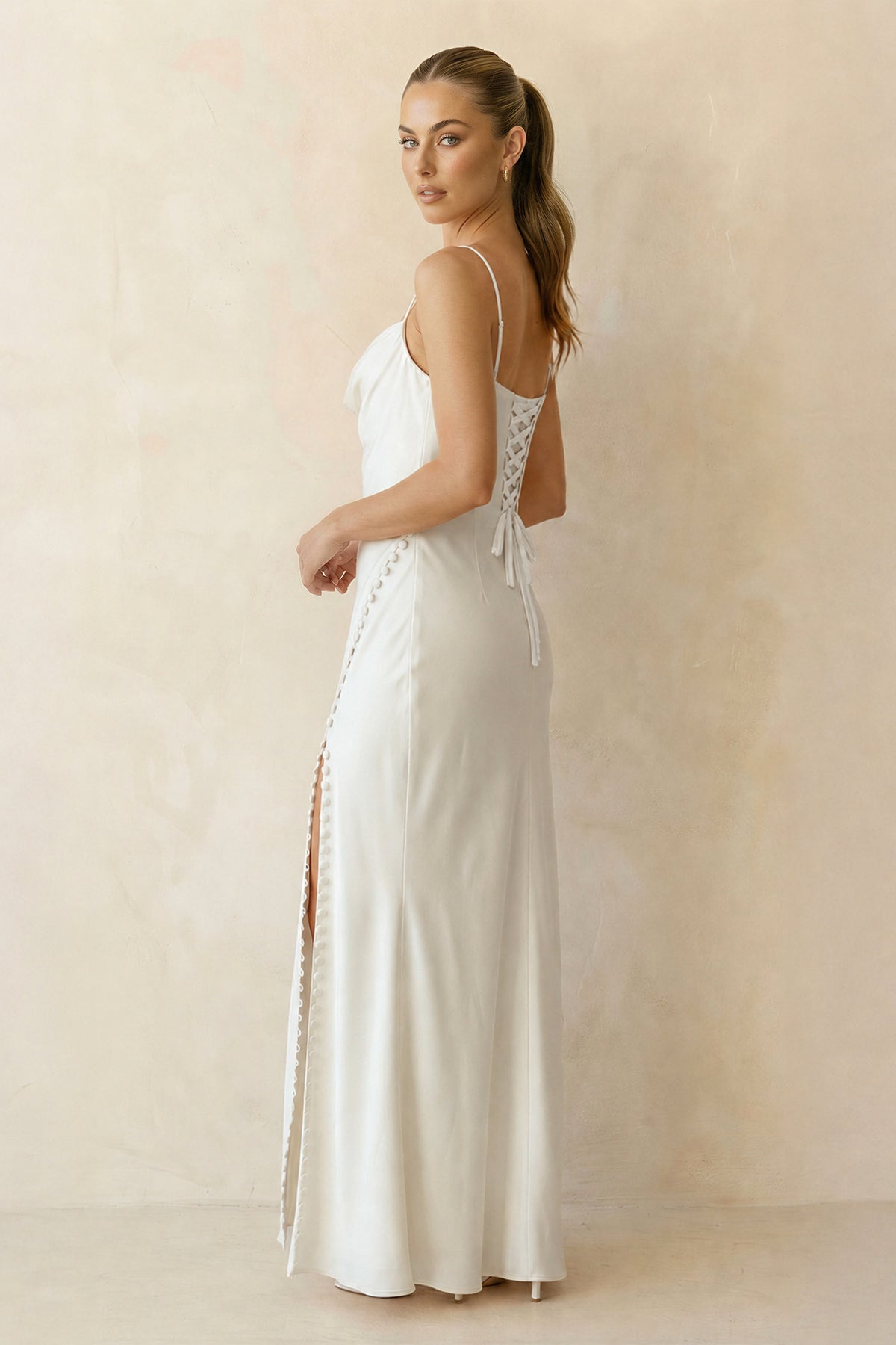 Cowl Neck Ivory Sheath Satin Wedding Dresses with Button Slit - Curvevia