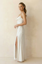 Cowl Neck Ivory Sheath Satin Wedding Dresses with Button Slit - Curvevia