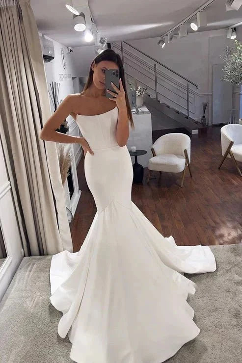 Simple Mermaid Strapless Satin Wedding Dress Bridal Gowns - Curvevia