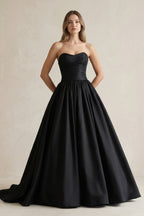 Simple Satin Ball Gown Ruched Wedding Dress in Black - Curvevia