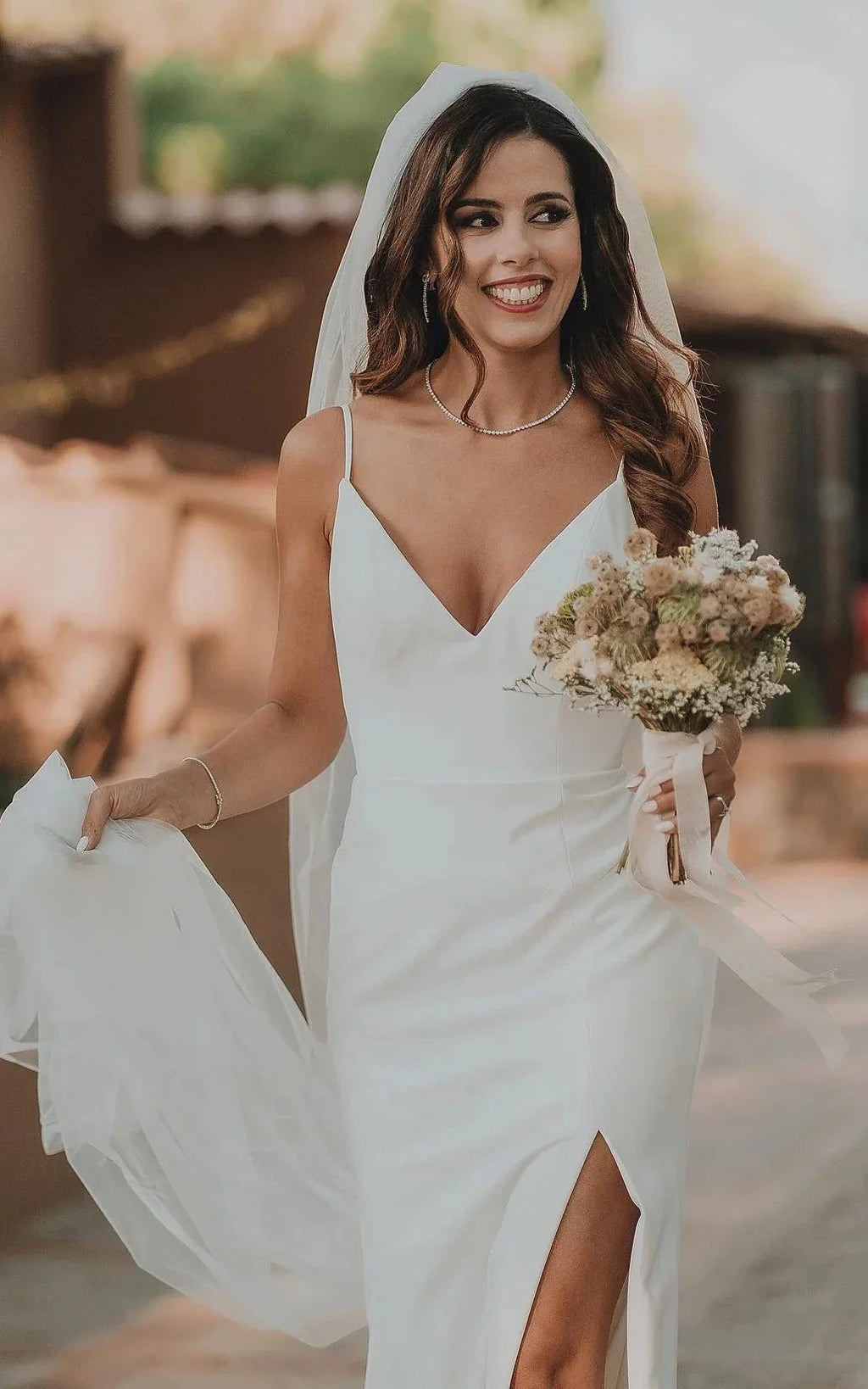 Simple Mermaid Satin Wedding Dress With Split Front And Deep-V Back - Curvevia
