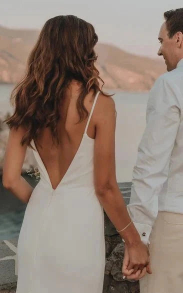 Simple Mermaid Satin Wedding Dress With Split Front And Deep-V Back - Curvevia