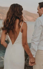 Simple Mermaid Satin Wedding Dress With Split Front And Deep-V Back - Curvevia