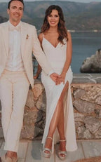 Simple Mermaid Satin Wedding Dress With Split Front And Deep-V Back - Curvevia