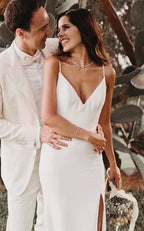 Simple Mermaid Satin Wedding Dress With Split Front And Deep-V Back - Curvevia