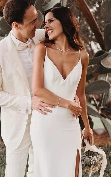 Simple Mermaid Satin Wedding Dress With Split Front And Deep-V Back - Curvevia