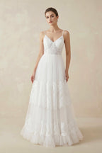 Simple A-Line V Neck Sleeveless Spaghetti Straps Beach Wedding Dresses - Curvevia