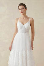 Simple A-Line V Neck Sleeveless Spaghetti Straps Beach Wedding Dresses - Curvevia