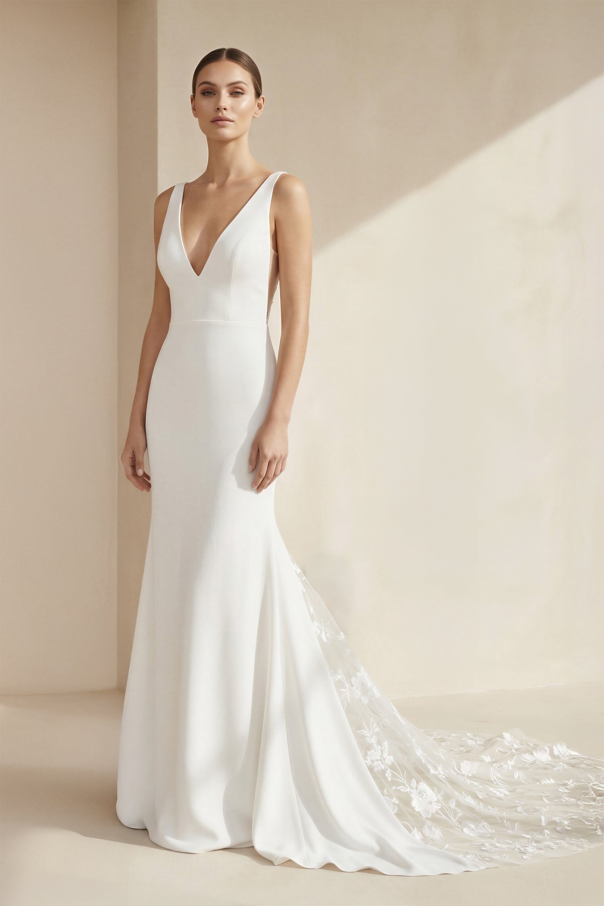 V-Neck Sleeveless Plunging Satin Mermaid Wedding Dress in White - Curvevia