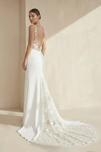 V-Neck Sleeveless Plunging Satin Mermaid Wedding Dress in White - Curvevia