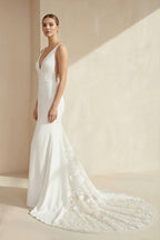V-Neck Sleeveless Plunging Satin Mermaid Wedding Dress in White - Curvevia