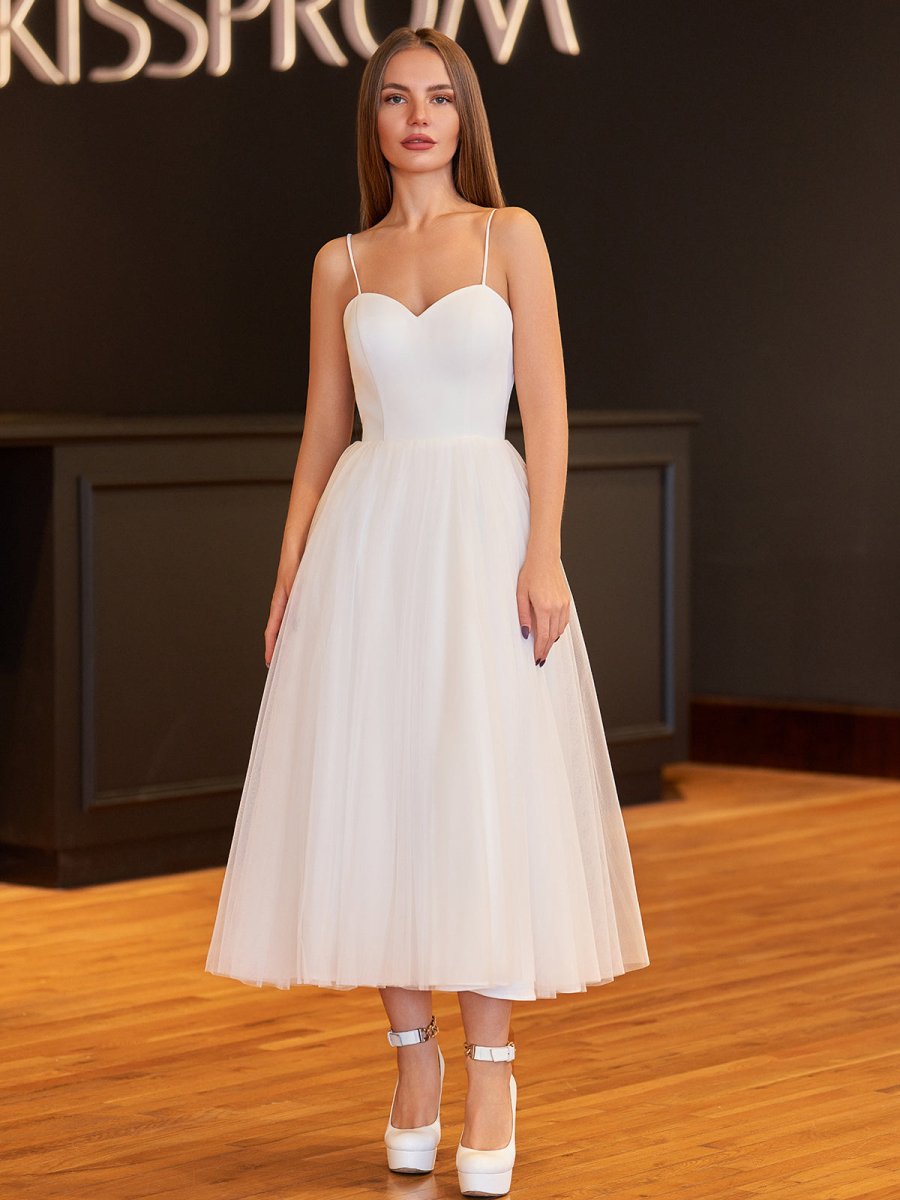 A-Line Spaghetti Straps White Satin Tulle Tea-Length Wedding Dresses - Curvevia