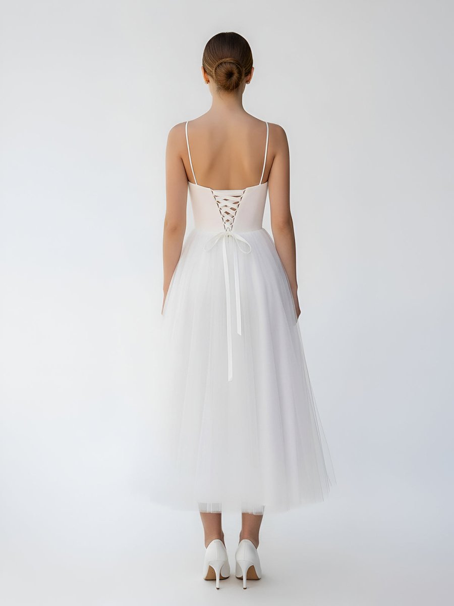 A-Line Spaghetti Straps White Satin Tulle Tea-Length Wedding Dresses - Curvevia