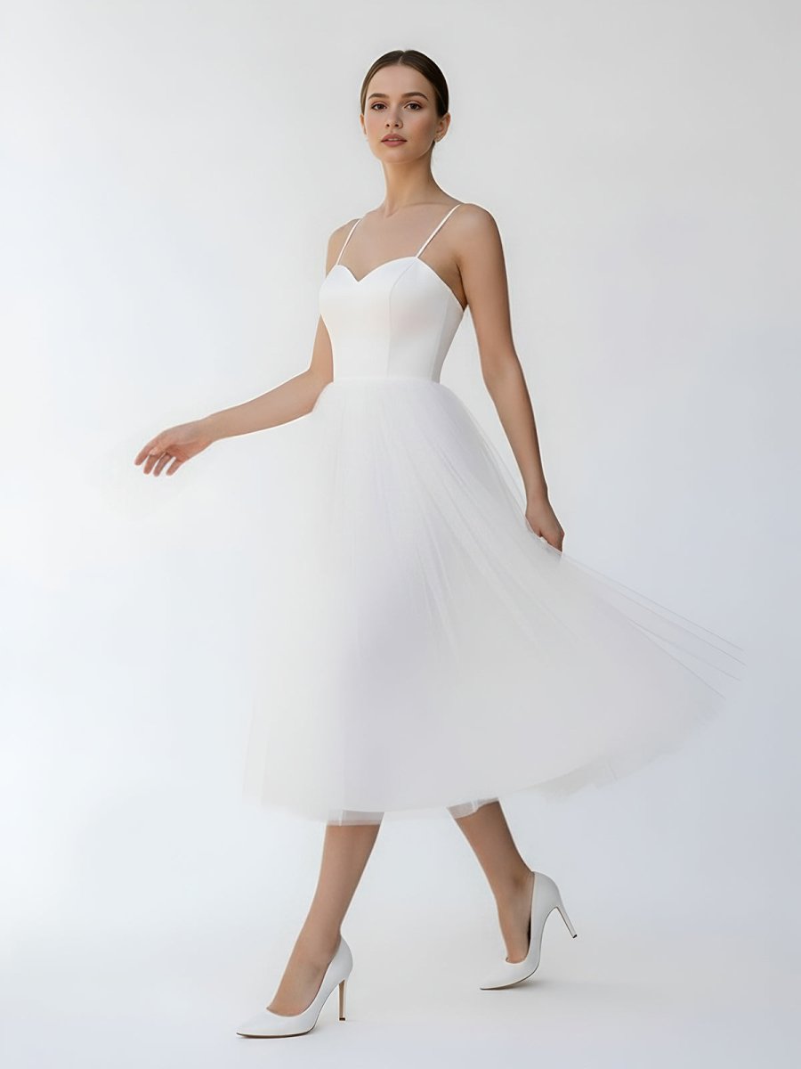 A-Line Spaghetti Straps White Satin Tulle Tea-Length Wedding Dresses - Curvevia