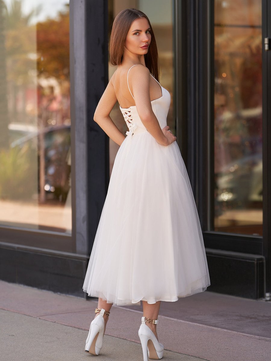 A-Line Spaghetti Straps White Satin Tulle Tea-Length Wedding Dresses - Curvevia