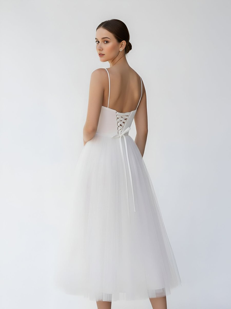 A-Line Spaghetti Straps White Satin Tulle Tea-Length Wedding Dresses - Curvevia