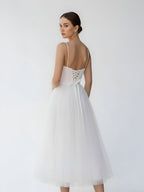 A-Line Spaghetti Straps White Satin Tulle Tea-Length Wedding Dresses - Curvevia