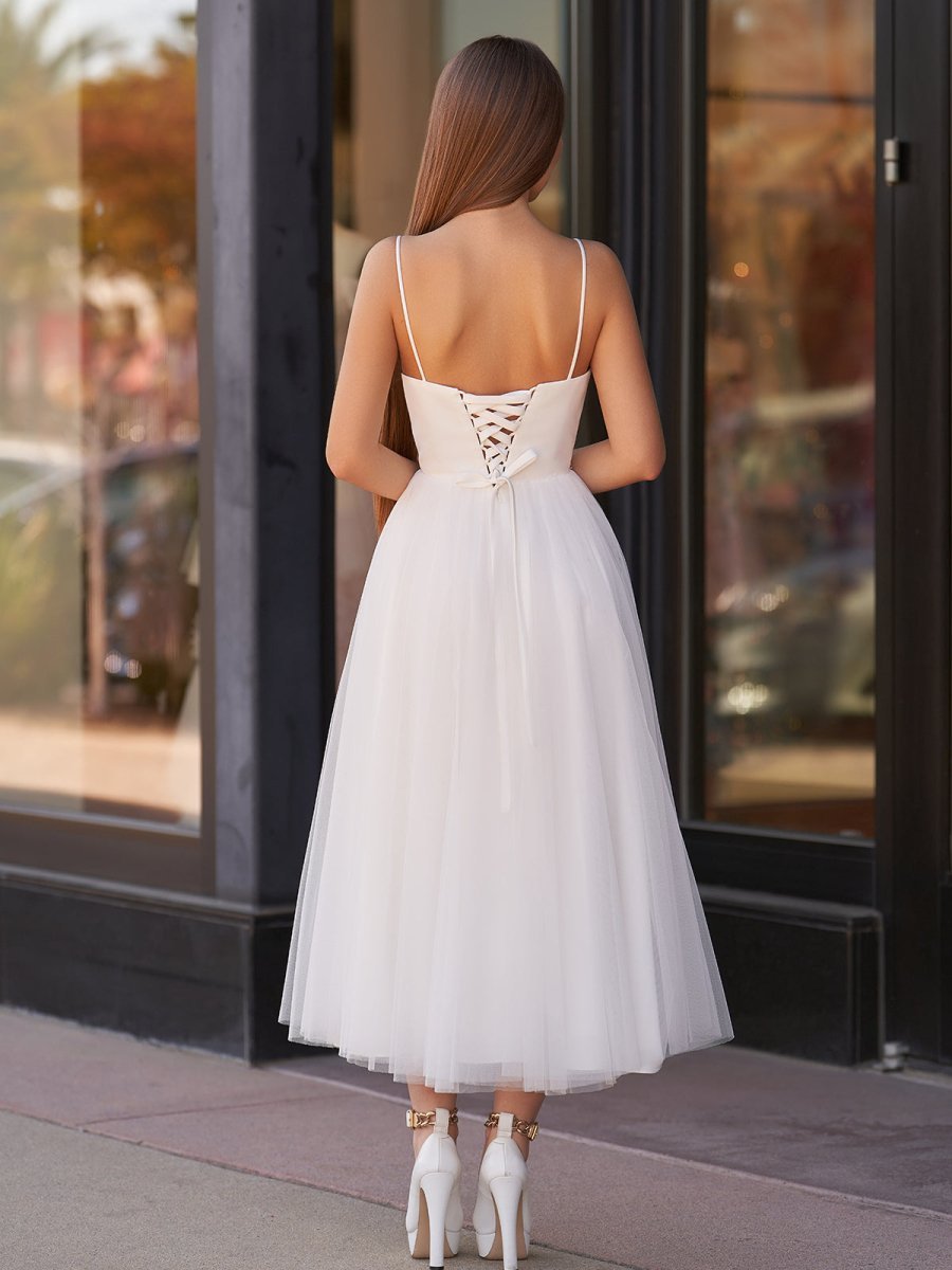 A-Line Spaghetti Straps White Satin Tulle Tea-Length Wedding Dresses - Curvevia