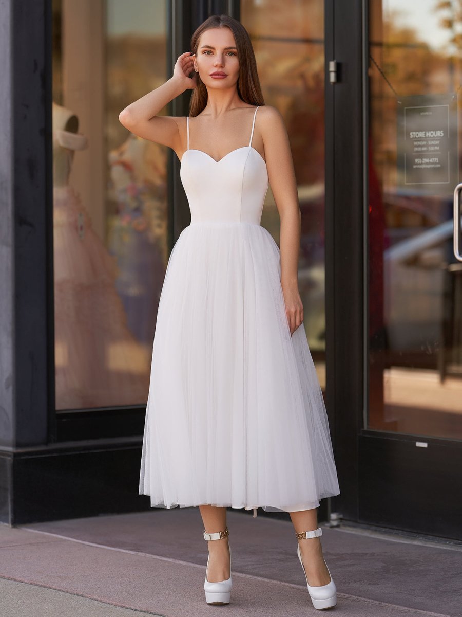 A-Line Spaghetti Straps White Satin Tulle Tea-Length Wedding Dresses - Curvevia