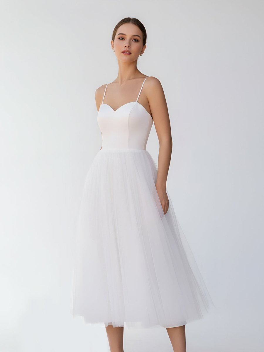 A-Line Spaghetti Straps White Satin Tulle Tea-Length Wedding Dresses - Curvevia