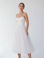 A-Line Spaghetti Straps White Satin Tulle Tea-Length Wedding Dresses - Curvevia