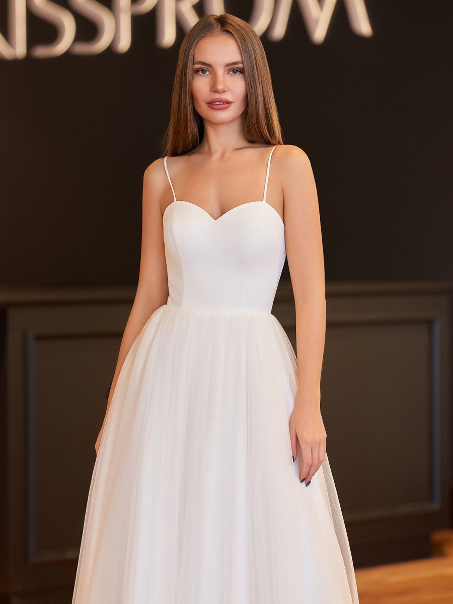 A-Line Spaghetti Straps White Satin Tulle Tea-Length Wedding Dresses - Curvevia