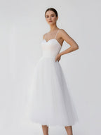 A-Line Spaghetti Straps White Satin Tulle Tea-Length Wedding Dresses - Curvevia