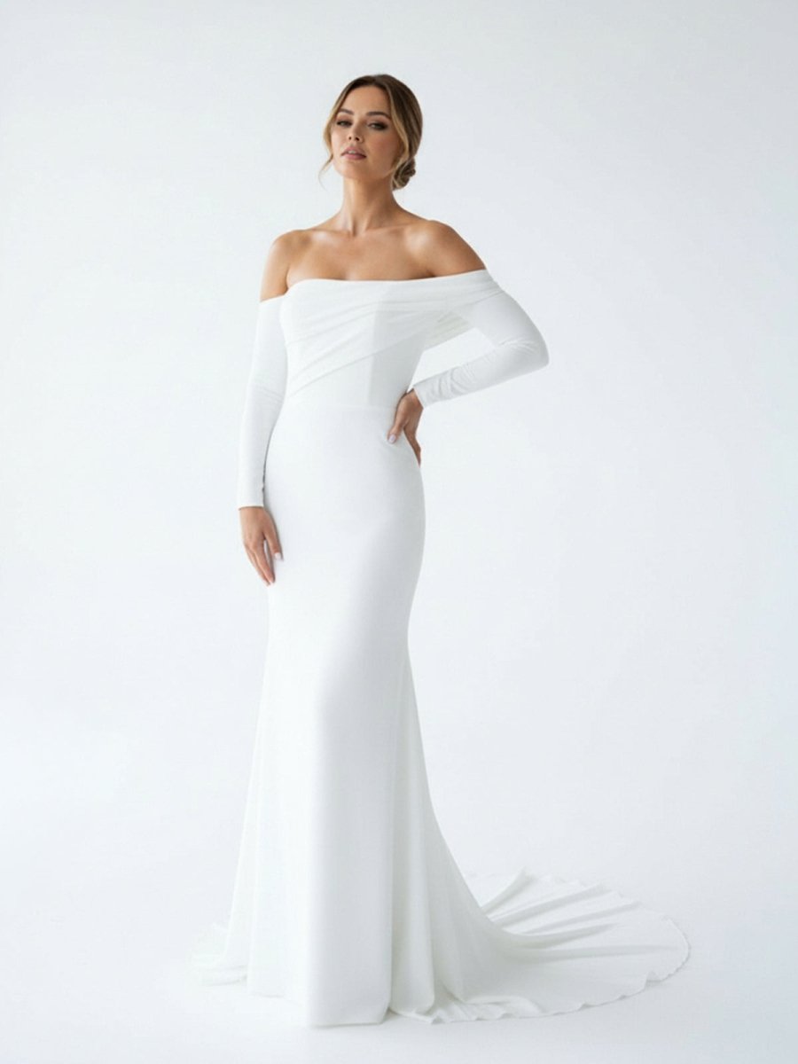 Simple White Boho Mermaid Long Wedding Dress with Sleeves - Curvevia