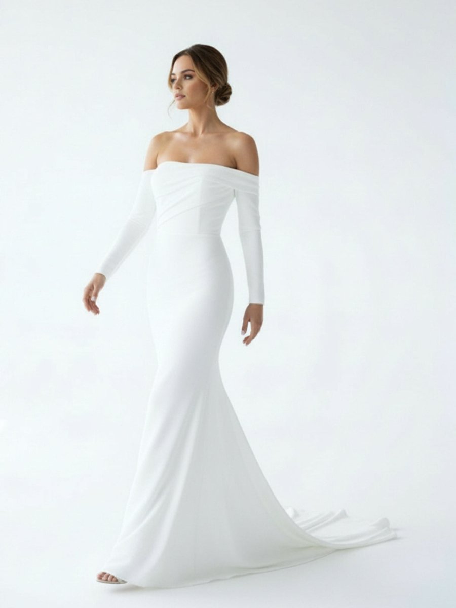 Simple White Boho Mermaid Long Wedding Dress with Sleeves - Curvevia