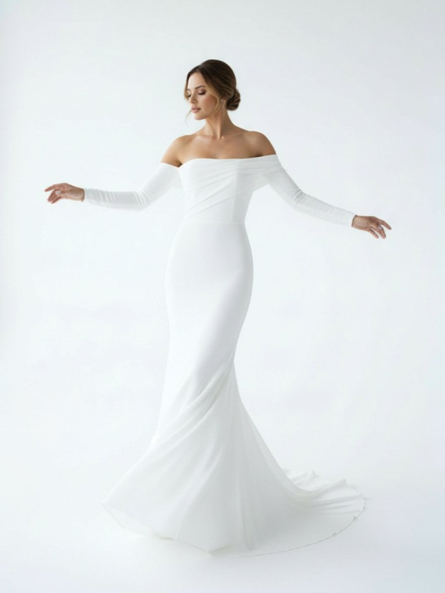 Simple White Boho Mermaid Long Wedding Dress with Sleeves - Curvevia