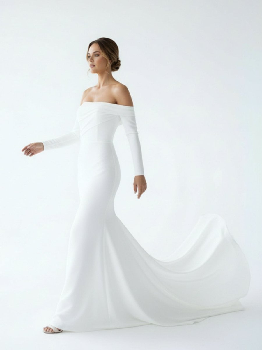 Simple White Boho Mermaid Long Wedding Dress with Sleeves - Curvevia