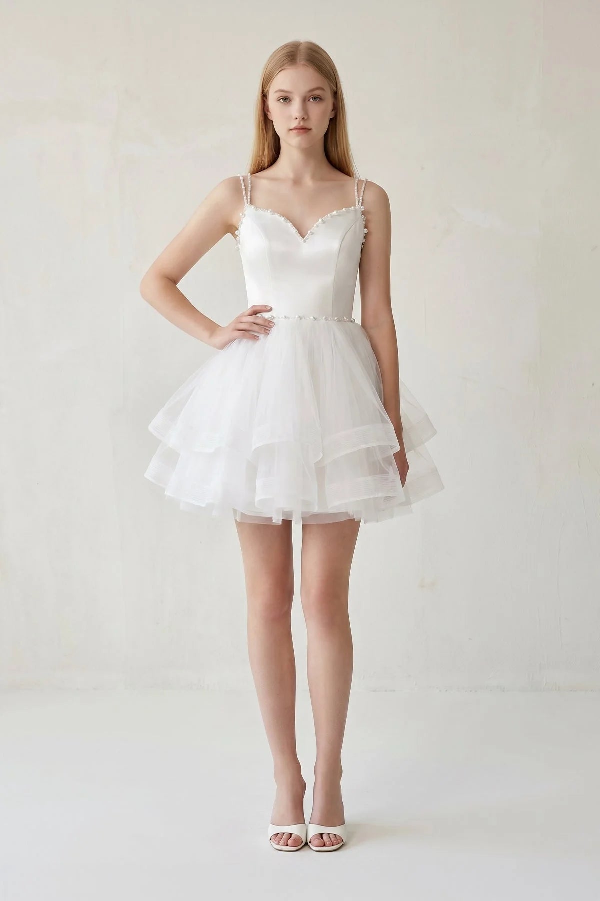 A-line Spaghetti Straps Tulle Short Wedding Guest Dress - Curvevia