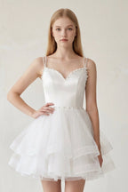 A-line Spaghetti Straps Tulle Short Wedding Guest Dress - Curvevia