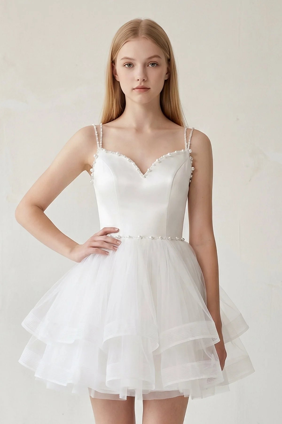 A-line Spaghetti Straps Tulle Short Wedding Guest Dress - Curvevia