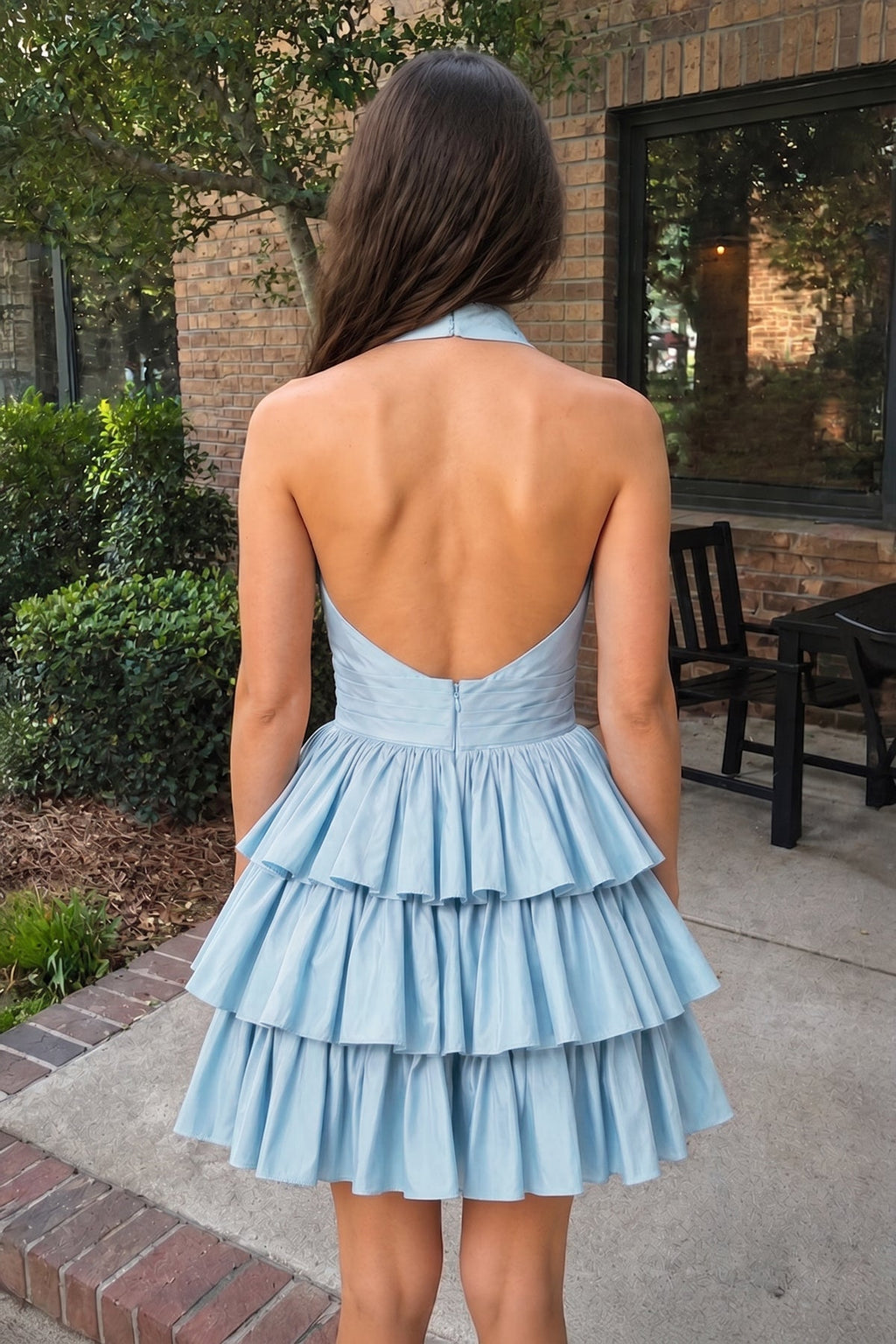 A-Line Deep Halter Satin Short Wedding Guest Dress with Ruffles - Curvevia