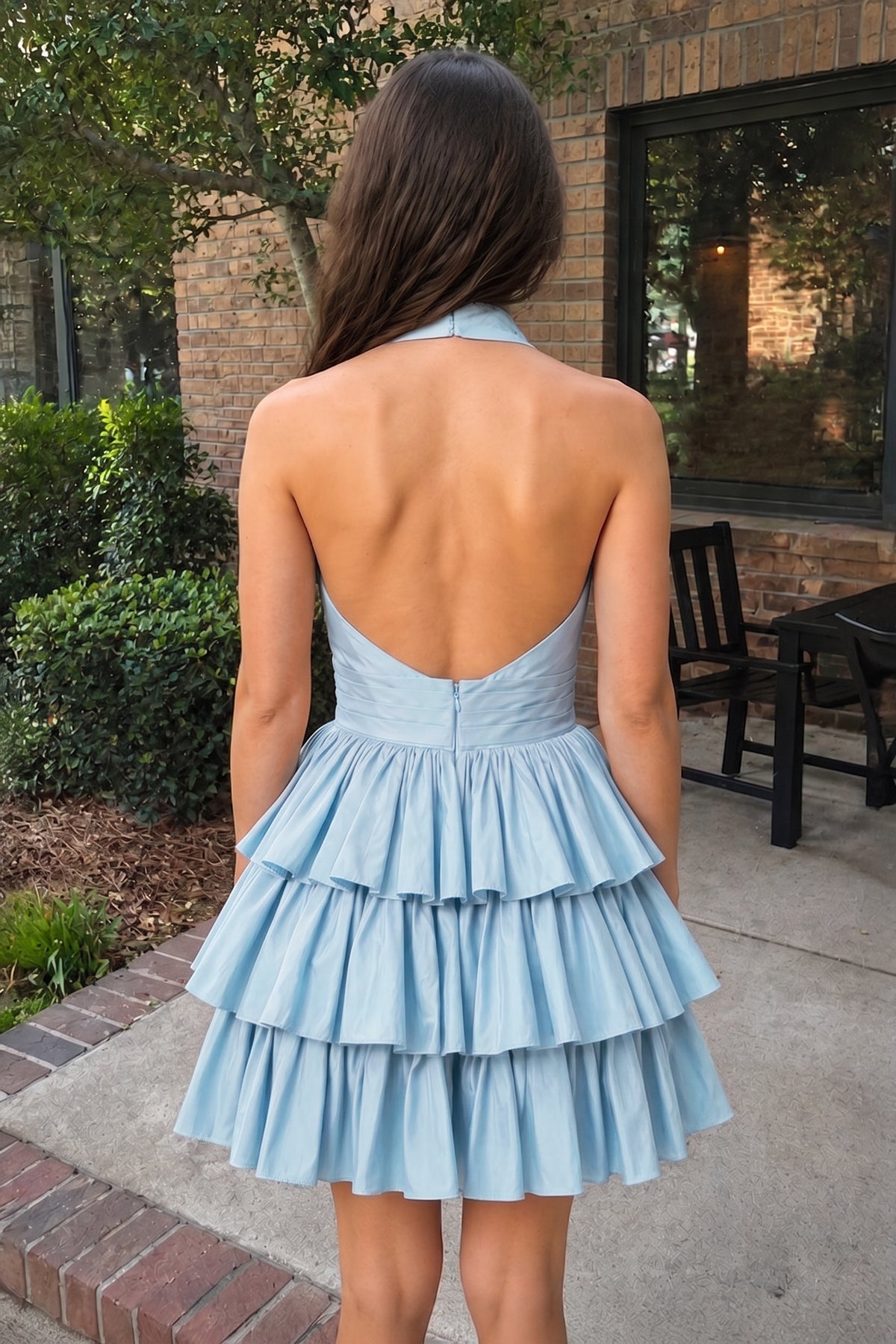 A-Line Deep Halter Satin Short Wedding Guest Dress with Ruffles - Curvevia