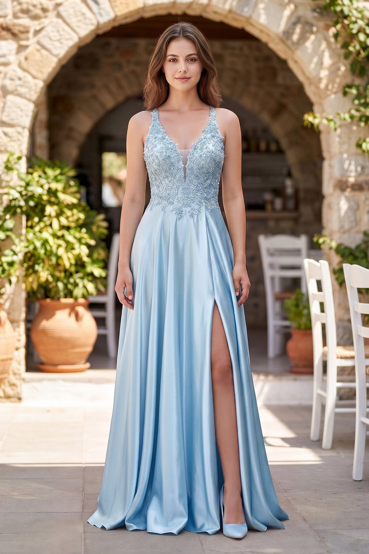 A-Line V-Neck Satin Mother of the Bride Dress with Slit - Curvevia