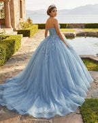 Sky Blue Ball-Gown Tulle 3D Flowers Sweetheart Quinceanera Dresses - Curvevia