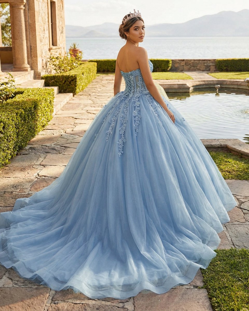 Sky Blue Ball-Gown Tulle 3D Flowers Sweetheart Quinceanera Dresses - Curvevia