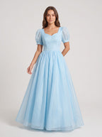 Sky Blue Chiffon A-Line Sweetheart Back Zip Floor-Length Dress with Pleated Bodice - Curvevia
