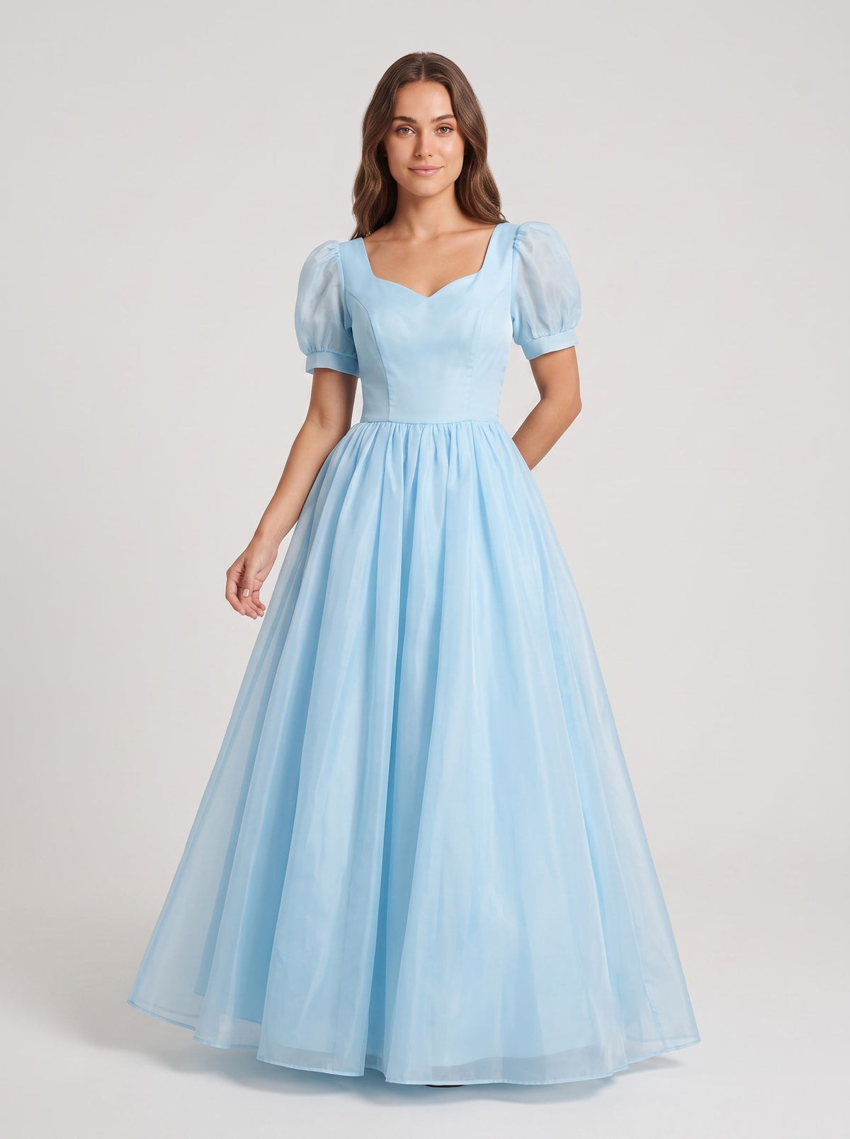 Sky Blue Chiffon A-Line Sweetheart Back Zip Floor-Length Dress with Pleated Bodice - Curvevia