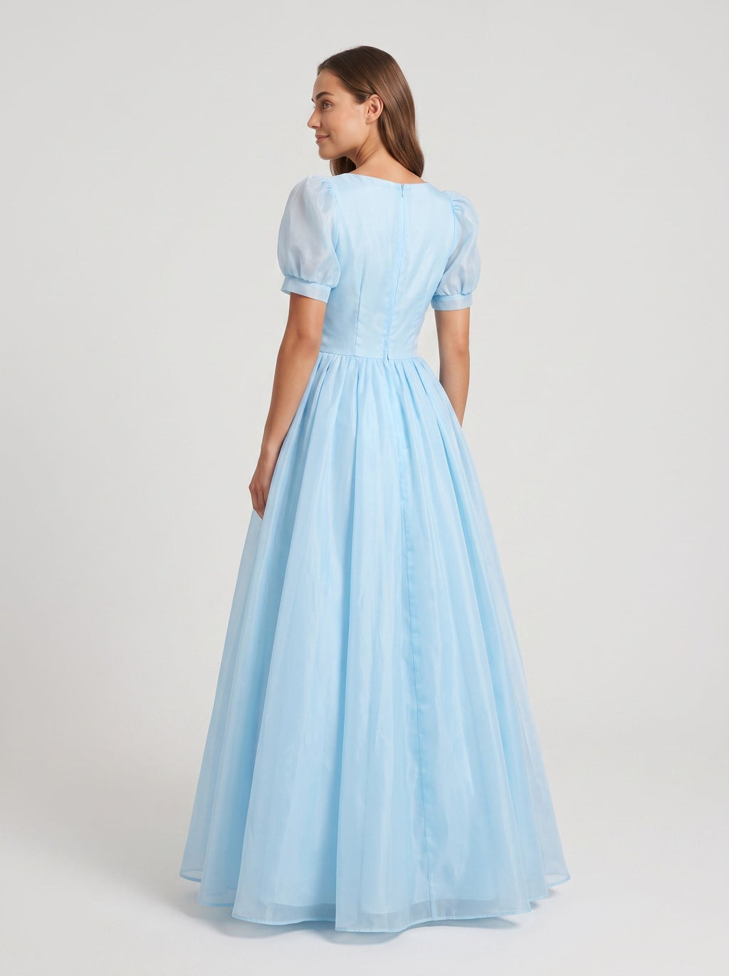 Sky Blue Chiffon A-Line Sweetheart Back Zip Floor-Length Dress with Pleated Bodice - Curvevia