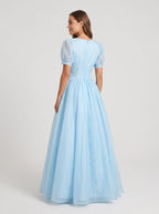 Sky Blue Chiffon A-Line Sweetheart Back Zip Floor-Length Dress with Pleated Bodice - Curvevia