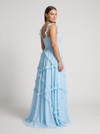 Sky Blue Chiffon A-Line Sweetheart Back Zip Floor-Length Dress with Cascading Ruffles - Curvevia